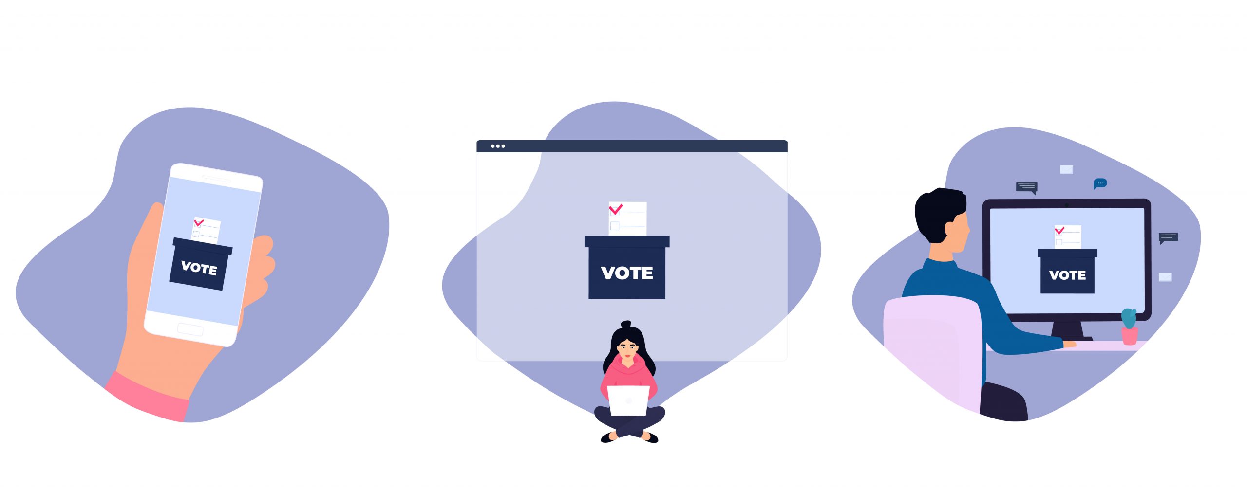 Remote voting. Woman votes from home via laptop. The guy is sitting in a chair at his desk in front of a computer monitor and cast a vote online. Hand holds the phone on which the ballot box